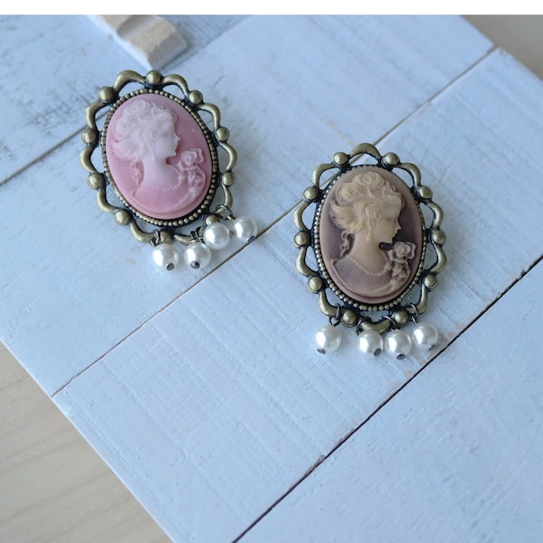 Vintage cameo stud earrings, Pearl drop earrings