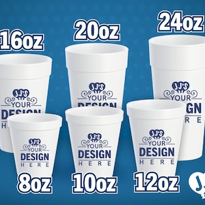 Personalized Styrofoam Cups for Weddings, Birthday Parties, Corporate Events, BBQs, House Warming Gifts and Graduation Foam Cups, Six Sizes.