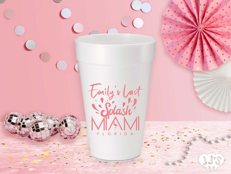 custom printed last splash in miami bachelorette party with a stork - jj's party house