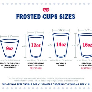 May include: A chart showing the different sizes of frosted cups available at JJ's. The cups are shown in blue with the size and volume printed in red. The chart also lists the recommended drinks for each size cup.