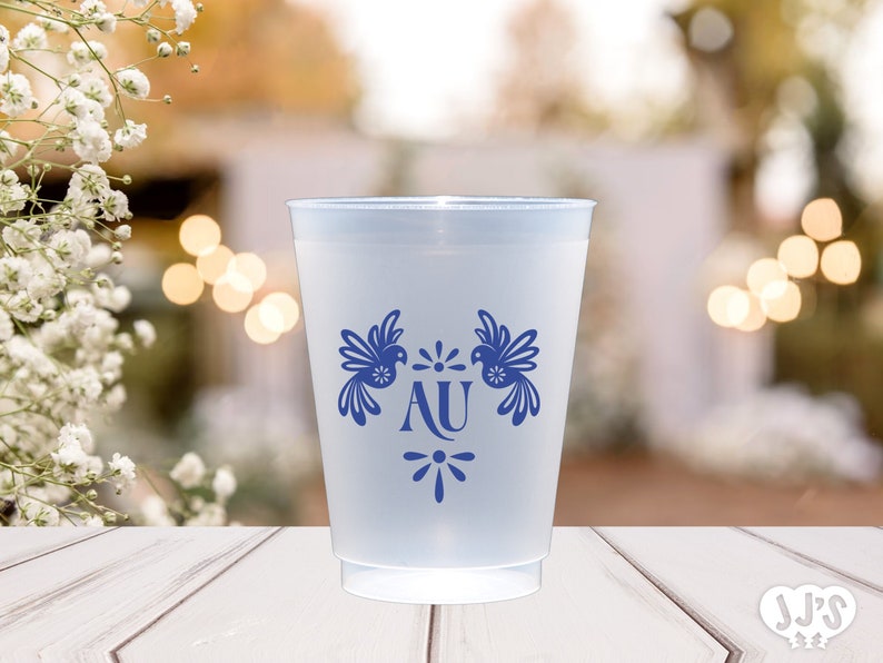 Custom Wedding Cups - Mexican Love Birds - New Fiesta Theme Frosted Cups