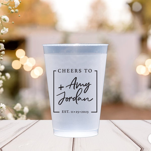 Modern Square Wedding Design Frosted Shatterproof Personalized Wedding Plastic Cups for Rehearsal Dinner, Engagement, and Wedding Shower