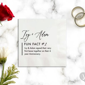 Fun Fact Calligraphy Custom and Personalized Wedding, Engagement or Rehearsal Dinner Beverage Napkins