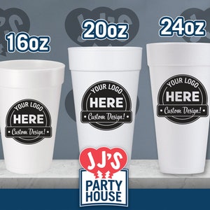 Custom styrofoam cups: 16 oz foam cups, 20 oz foam cups, 24 oz foam cups for logo designs, custom weddings cups, custom graduation cups, custom birthday cups, custom bulk foam cups - JJ's Party House McAllen