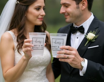 Personalized Frosted Wedding Cups - Custom Plastic Cups with Names & Date