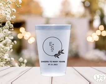 Custom Wedding Cups:Monogram with Circle Foliage Logo Custom Printed Wedding Frosted Flex Shatterproof Cups