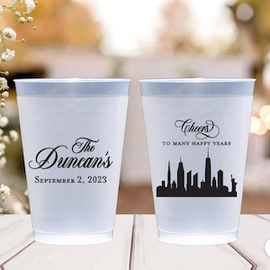 Cheers to Many Happy Years New York City Skyline Wedding Design Frosted Shatterproof Personalized Wedding Plastic Cups