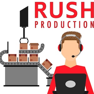 May include: Illustration of a production process with the text "RUSH PRODUCTION" in red. A person wearing a headset is in front of a laptop. Cardboard boxes are on a conveyor belt.