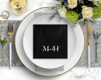 Custom Wedding Napkins: Modern Monogram in Black and White Custom and Personalized Wedding and Engagement Beverage Napkins