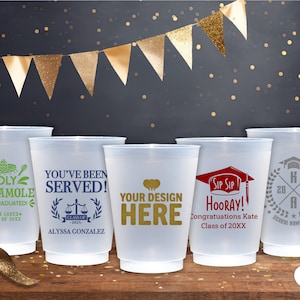 May include: Set of five clear plastic cups with different graduation-themed designs. The designs include "Holy Guacamole You Graduated!" with a sombrero and maracas, "You've Been Served!" with a scale of justice, "Your Design Here" with a chef's hat, "Sip Sip Hooray! Congratulations Kate Class of 20XX" with a graduation cap, and "K 20XX A School Name Here" with a graduation cap and wreath.