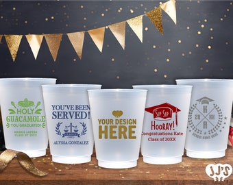 May include: Set of five clear plastic cups with different graduation-themed designs. The designs include "Holy Guacamole You Graduated!" with a sombrero and maracas, "You've Been Served!" with a scale of justice, "Your Design Here" with a chef's hat, "Sip Sip Hooray! Congratulations Kate Class of 20XX" with a graduation cap, and "K 20XX A School Name Here" with a graduation cap and wreath.