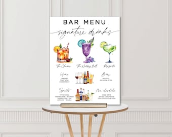 Classic Water Color Wedding Bar Sign with Signature Drinks