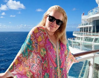 Turquoise Pink Paisley Silk Kaftan - Plus Size Beach Cover Up & Resort Wear