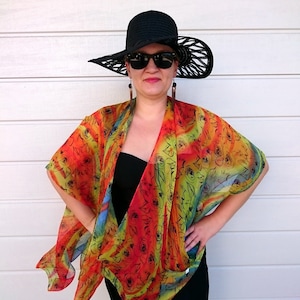 Floral sheer chiffon kimono cardigan/ floral cover up blouse/ beach coverup/ Plus size kimono jacket