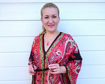 Silk Paisley Kaftan Top: Red Resort Beach Cover Up