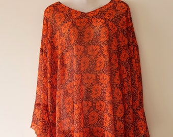 Long Orange Tunic / Plus size orange top/ Long Flared Sleeves Top/ Plus size autumn tunic/ Fall orange top/ Floral plus size tunic