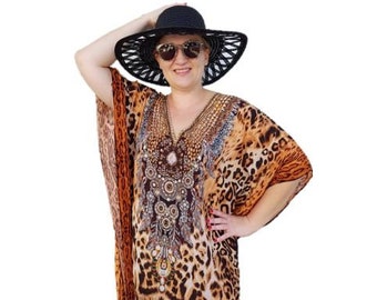 Animal Print Caftan / Plus Size Kaftan Dress / Leopard Goddess Beach Party Dress / Plus Size Long Kaftan