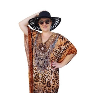 Animal Print Caftan/ Plus Size Kaftan Dress/ Leopard Goddess Beach Party Dress/ Plus Size Long Kaftan