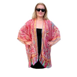 Silk Kimono Robe / Paisley Kimono Cardigan / Orange Kimono Cover Up / Plus Size Kimono Top / Sheer Kimono Wrap / Bathing Suit Cover Up