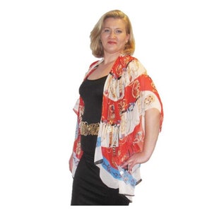 Red kimono cardigan, sheer chiffon top, stylish beach cover up