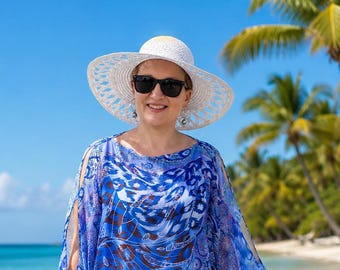 Blue Beach Kaftan Dress: Silk Georgette Plus Size Cover-Up