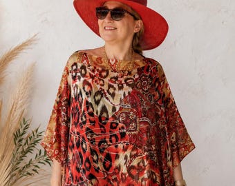 Plus Size Red Kaftan Dress - Silk Georgette Beach Cover Up