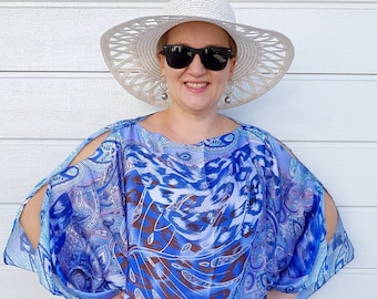 Blue Beach Kaftan Dress: Silk Georgette Plus Size Cover-Up