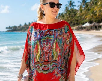 Plus Size Red Silk Kaftan - Elegant Wedding Guest Dress & Beach Cover Up