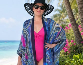 Niebieski jedwabny szlafrok kimono z wzorem paisley w dużym rozmiarze, narzutka plażowa, strój wypoczynkowy