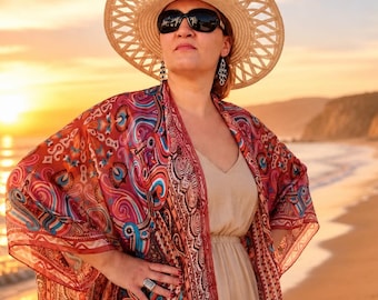 Rost Braun Paisley Seide Kimono Robe Plus Size Strand Cover Up Resort Wear
