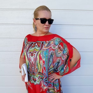 Luxurious Red Silk Kaftan - Plus Size Fashion Statement with Stylish Designer Print