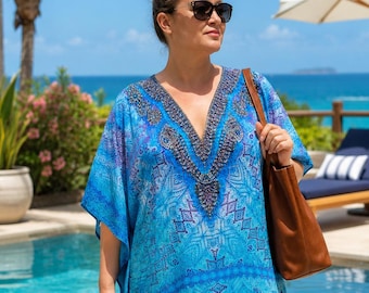 Royal Blue Embellished Kaftan, Plus Size Resort Wear, Beach Cover Up, Wedding Guest
