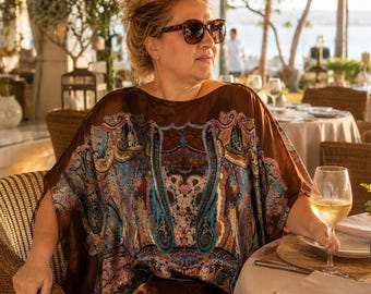 Plus Size Brown Silk Kaftan - Elegant Wedding Guest Dress & Beach Cover Up