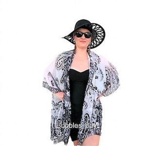 Silk Kimono Robe / Paisley Kimono Cardigan / Black Kimono Cover Up / Plus Size Kimono Top / Sheer Kimono Wrap / Bathing Suit Cover Up