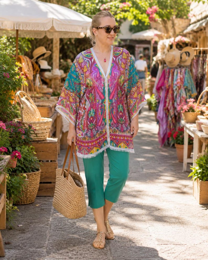 Turquoise pink paisley silk kaftan top worn with turquoise capri pants and straw tote at a sunny resort market.