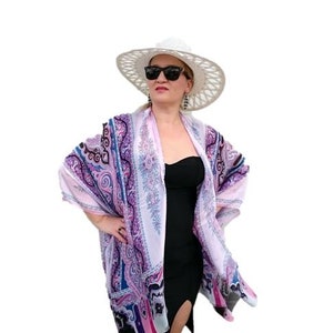 Pink Silk Kimono Robe / Paisley Kimono Cardigan / Black Kimono Cover Up / Plus Size Kimono Top / Sheer Kimono Wrap / Bathing Suit Cover Up