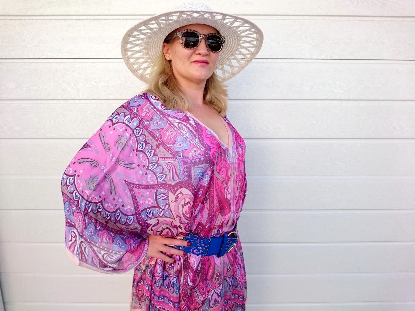 Women's Plus Size Pure Cotton Pink Cover Up Caftan Poncho Tunic Blouse main image 1