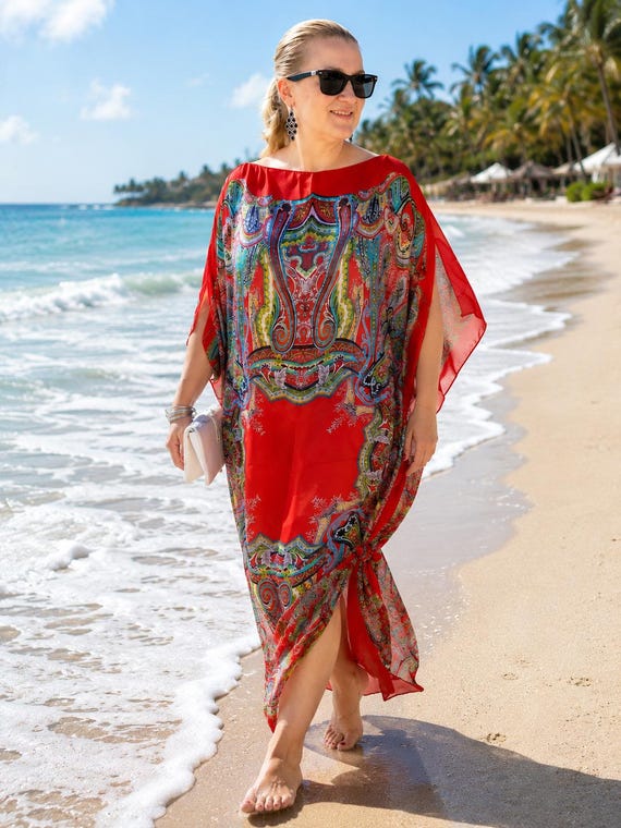 Plus Size Red Silk Kaftan - Elegant Wedding Guest Dress & Beach Cover Up