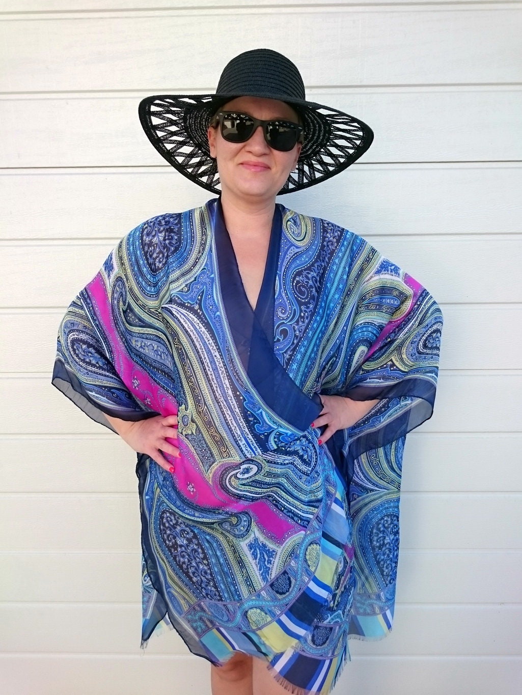 Navy Silk Kimono Robe / Paisley Kimono Cardigan / Blue Kimono - Etsy