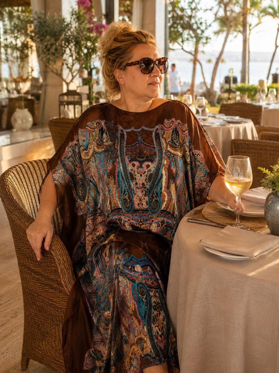 plus size dresses for beach wedding guest Brown Silk Kaftan - Elegant Dress & Cover Up Color:Amber Oak