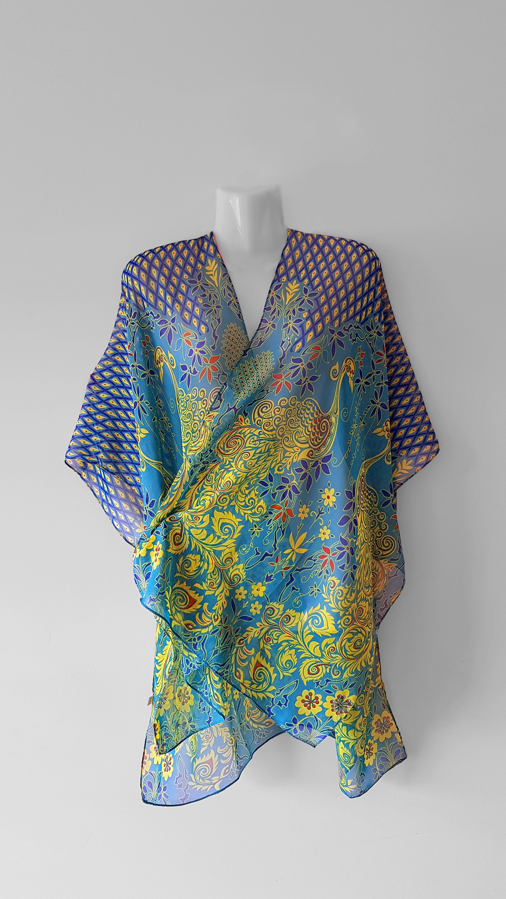 Blue/green/yellow Peacock Tribal Bohemian Print Sheer Silk Kimono ...