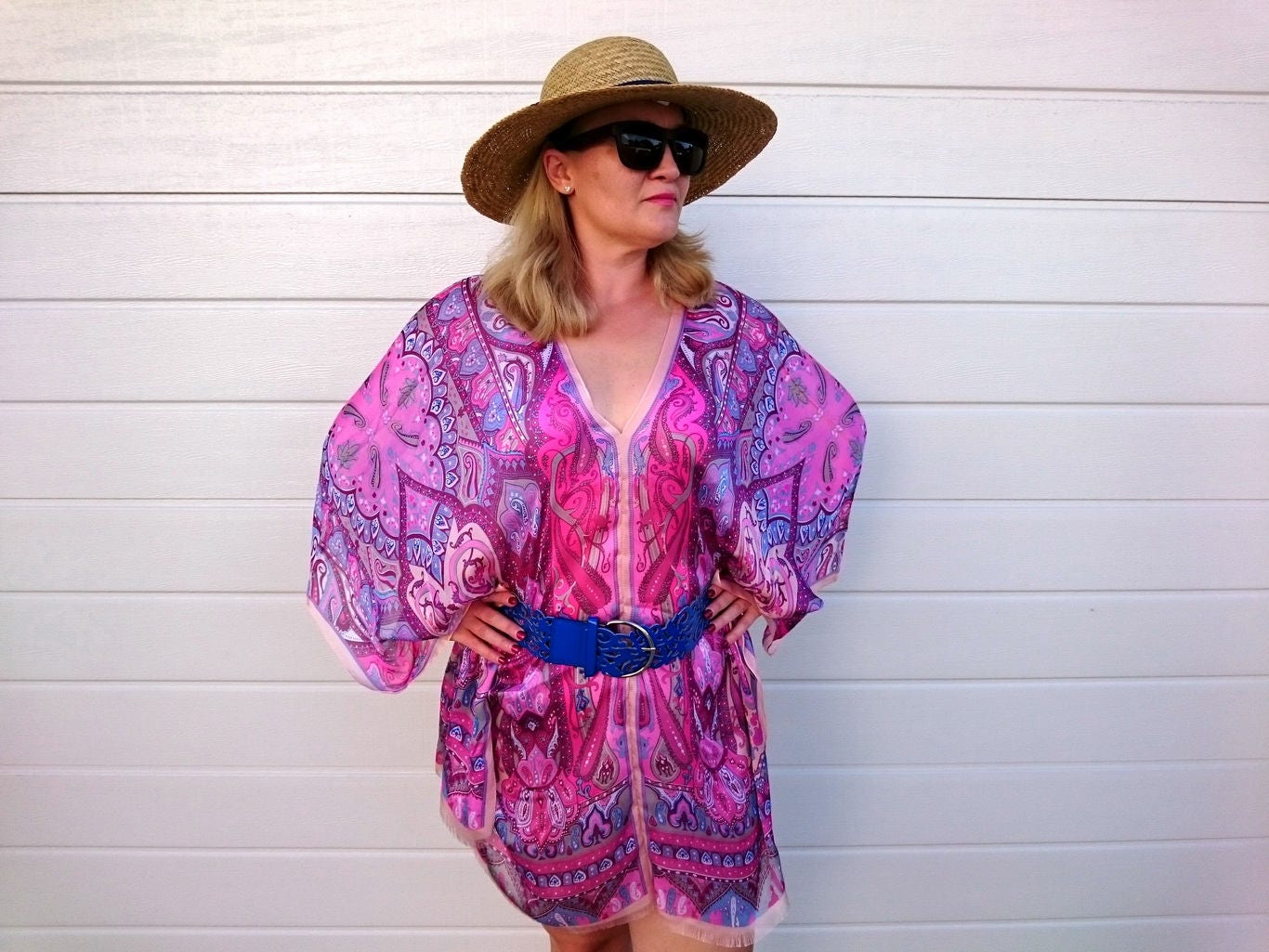 Women's Plus Size Pure Cotton Pink Cover Up Caftan Poncho Tunic Blouse main image 0
