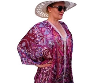 Plus Size Silk Kaftan: Vintage Paisley Print Beach Cover Up