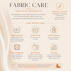 Silk georgette fabric care instructions infographic for luxury kaftan dress including hand washing, drying and ironing recommendations.