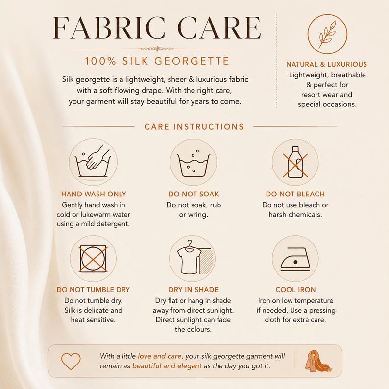 Silk georgette fabric care instructions infographic for luxury kaftan dress including hand washing, drying and ironing recommendations.