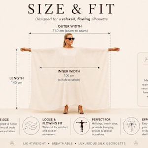 Size and fit guide for red silk georgette kaftan showing garment measurements, length 140 cm, outer width 140 cm and inner width 100 cm.