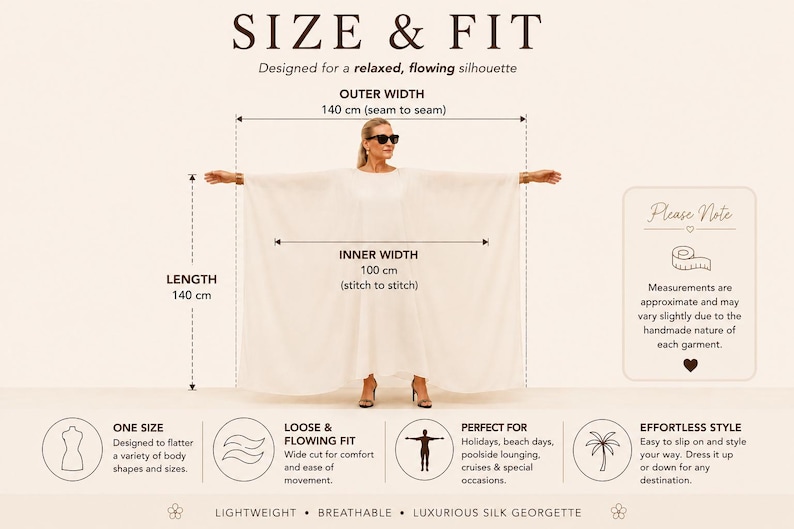 Size and fit guide for red silk georgette kaftan showing garment measurements, length 140 cm, outer width 140 cm and inner width 100 cm.