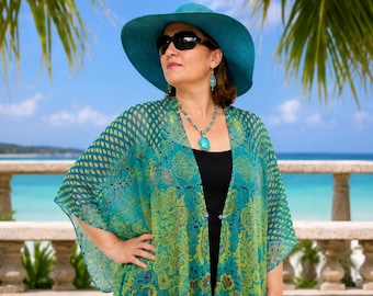 Turquoise Teal Peacock Floral Chiffon Kimono Cardigan Plus Size Beach Cover Up Jacket