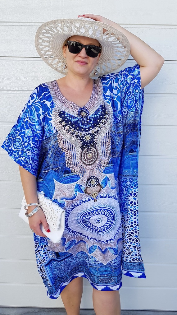 Resort Wear Dress Blue Embellished Kaftan Vacation Dress | Etsy