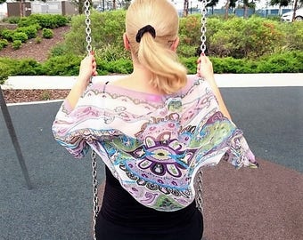 Bolero Shrug Jacket Long Sleeve Open-front Collarless Chiffon Bolero, Vintage Paisley Print, Purple/Gray